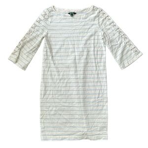 Ralph Lauren White/Blue Boat Neck Shift Dress with Laced Sleeve SZM
